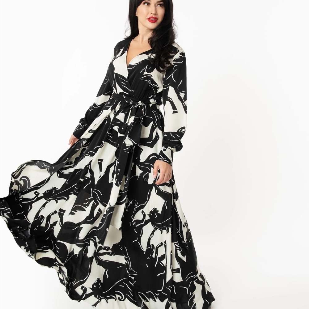 Unique Vintage Faux Wrap Maxi Dress with Horses